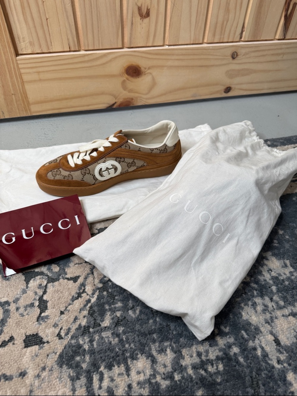 Gucci Tan/Brown Monogram Low-Top Sneakers with White Accents